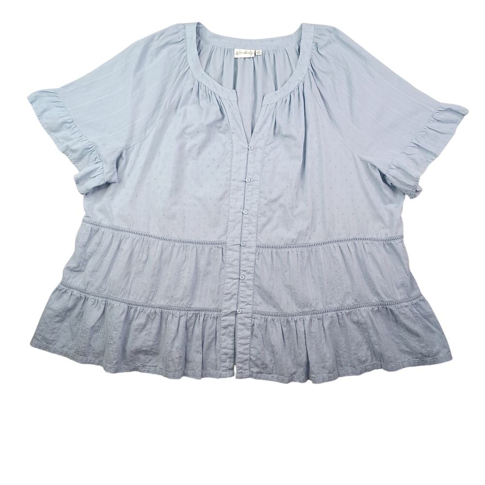 Wonderly Boho Tiered Clip Dot Top Size 4X Blue Bell Short Sleeve Cotton‎ Casual